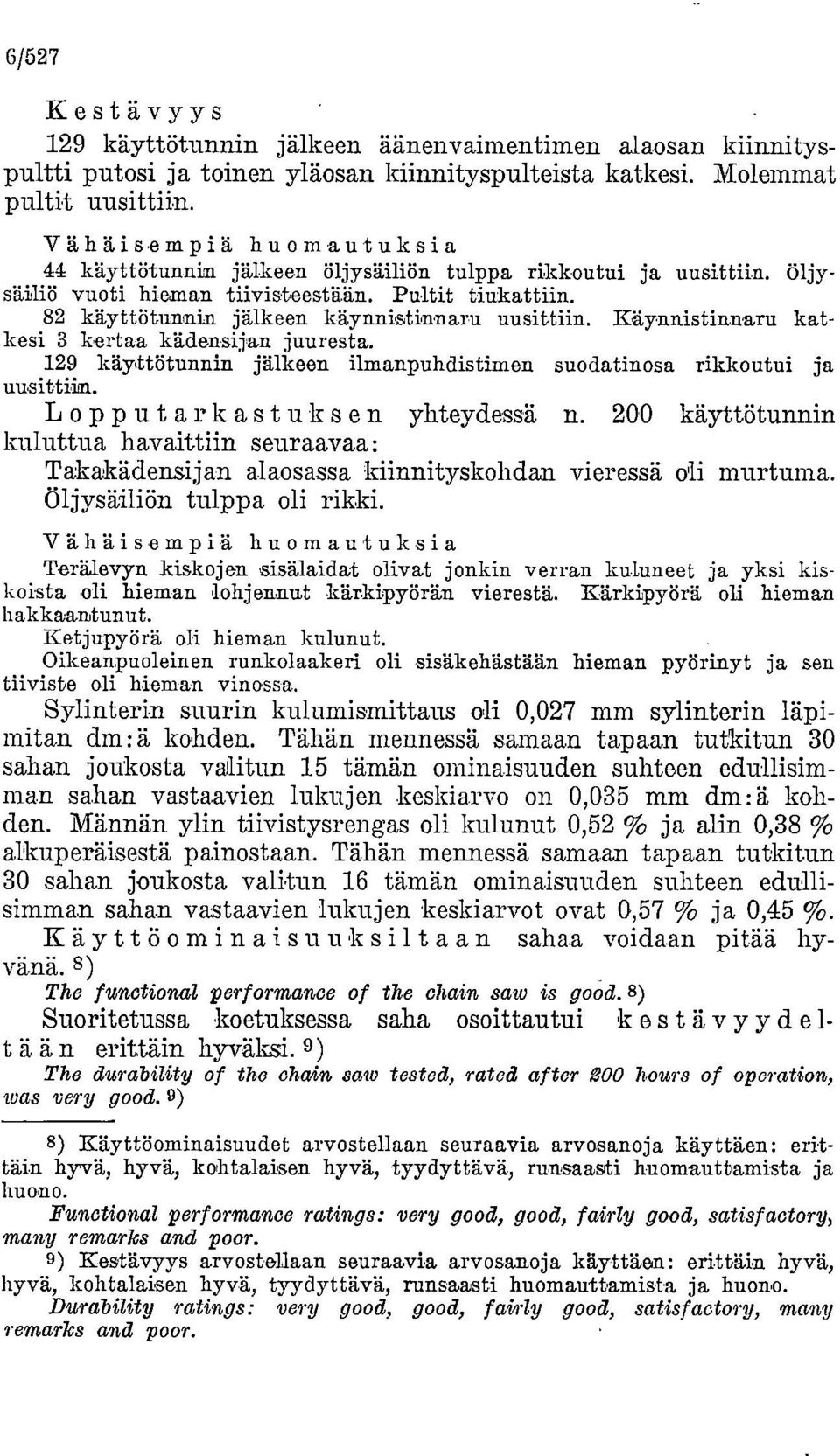 Käynnistinnaru katkesi 3 kertaa kädensijan juuresta. 129 käyttötunnin jälkeen ilmanpuhdistimen suodatinosa rikkoutui ja uusittiin. Lopputarkastuksen yhteydessä n.