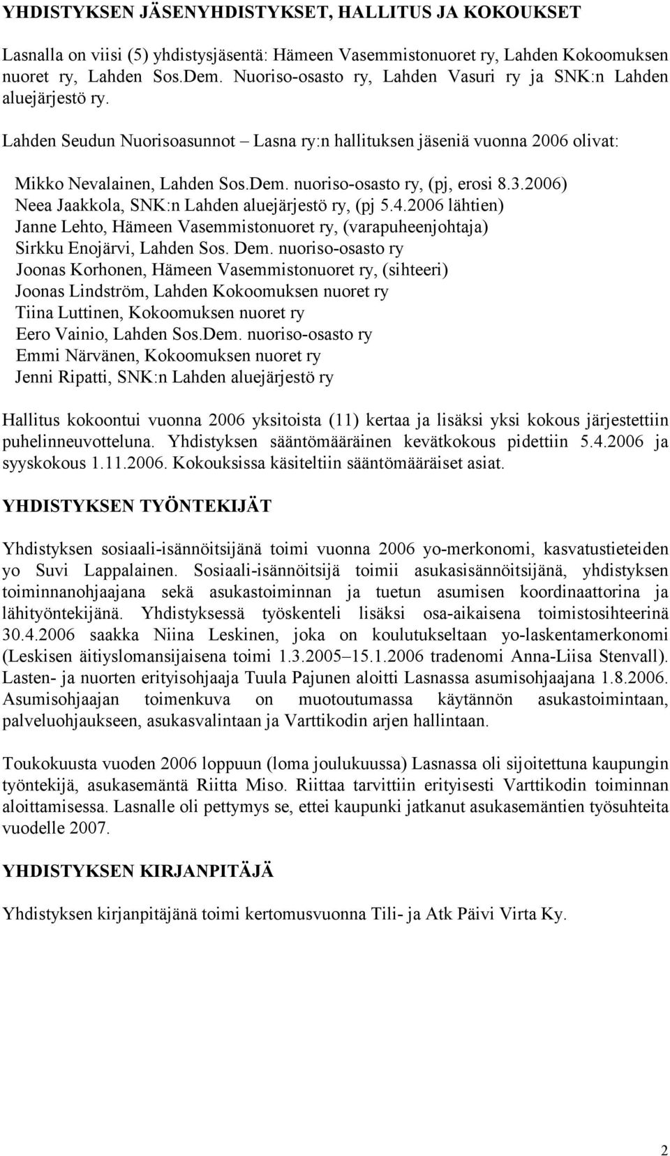 nuoriso-osasto ry, (pj, erosi 8.3.2006) Neea Jaakkola, SNK:n Lahden aluejärjestö ry, (pj 5.4.2006 lähtien) Janne Lehto, Hämeen Vasemmistonuoret ry, (varapuheenjohtaja) Sirkku Enojärvi, Lahden Sos.