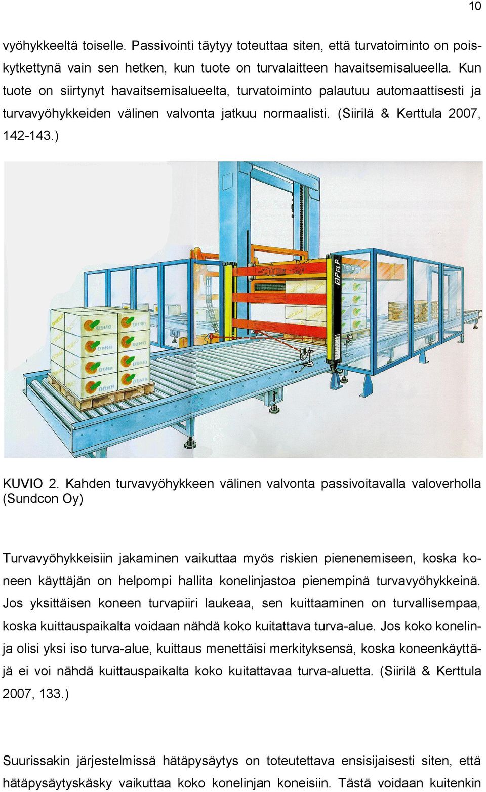 Kahden turvavyöhykkeen välinen valvonta passivoitavalla valoverholla (Sundcon Oy) Turvavyöhykkeisiin jakaminen vaikuttaa myös riskien pienenemiseen, koska koneen käyttäjän on helpompi hallita