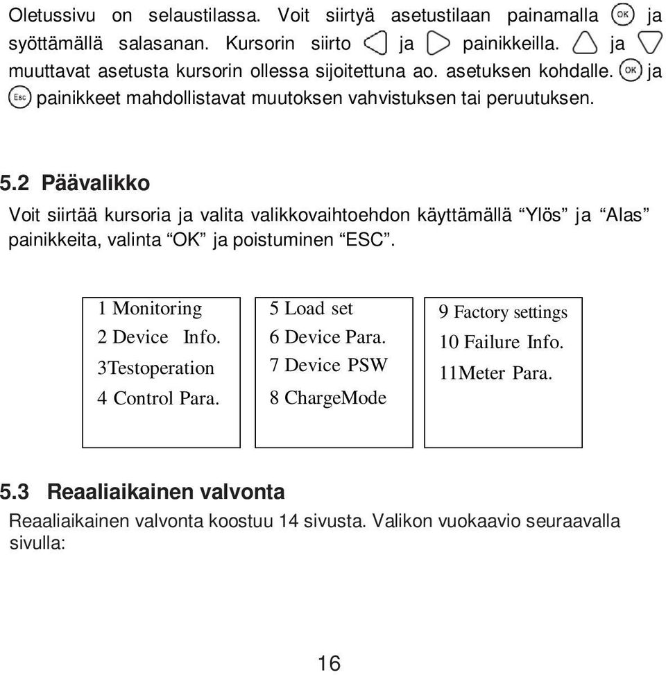 2 Päävalikko Voit siirtää kursoria ja valita valikkovaihtoehdon käyttämällä Ylös ja Alas painikkeita, valinta OK ja poistuminen ESC. 1 Monitoring 2 Device Info.