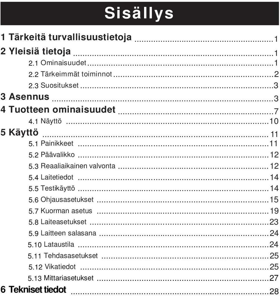 3 Reaaliaikainen valvonta... 12 5.4 Laitetiedot... 14 5.5 Testikäyttö... 14 5.6 Ohjausasetukset... 15 5.7 Kuorman asetus... 19 5.