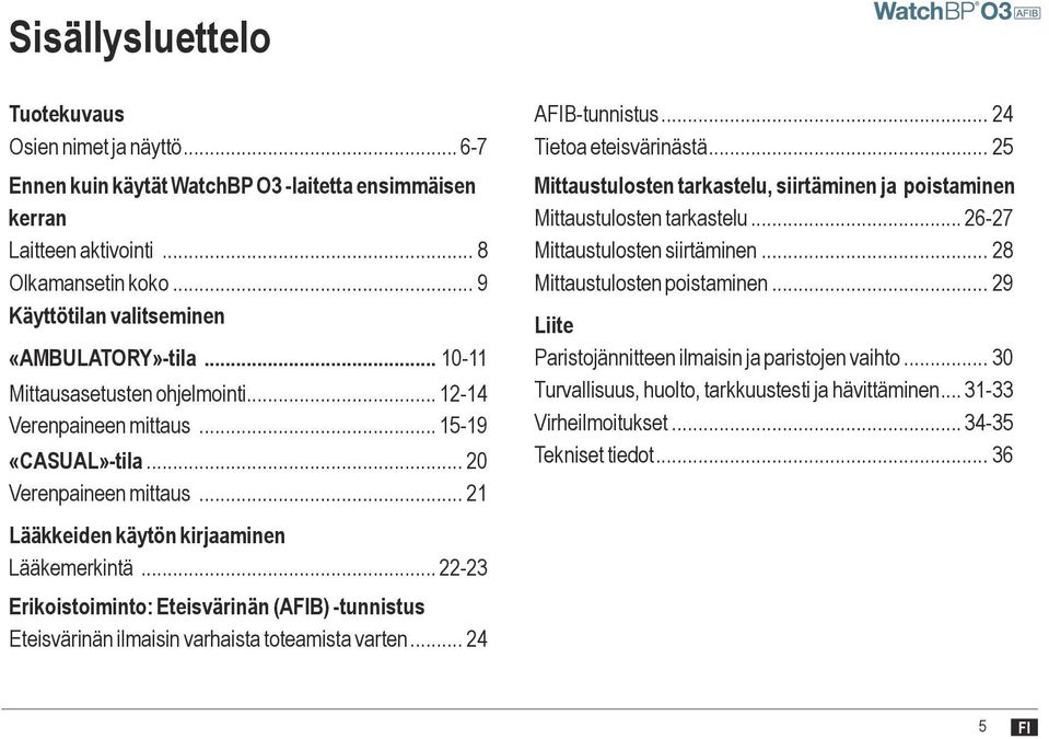 .. 21 Lääkkeiden käytön kirjaaminen Lääkemerkintä... 22-23 Erikoistoiminto: Eteisvärinän (AIB) -tunnistus Eteisvärinän ilmaisin varhaista toteamista varten... 24 AIB-tunnistus.