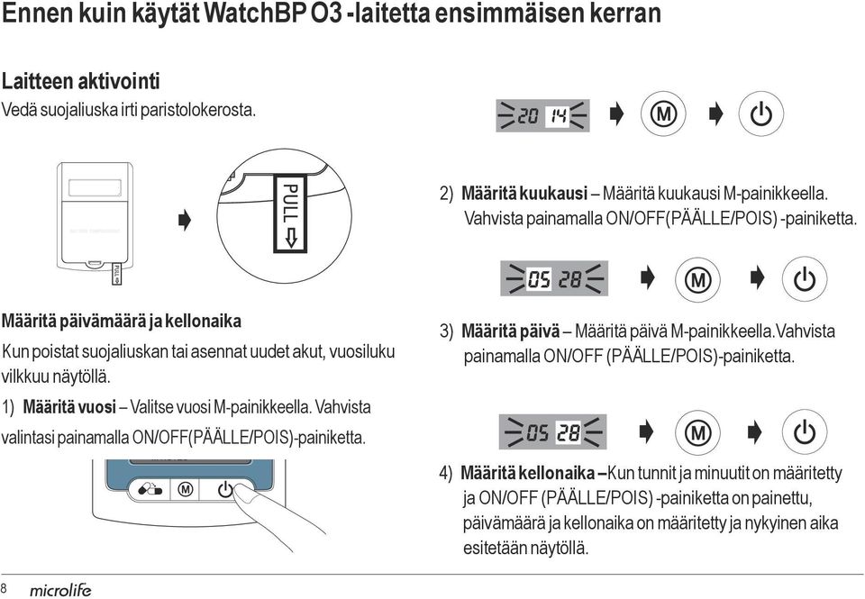 Vahvista painamalla ON/O(PÄÄLLE/POIS) -painiketta. Määritä päivämäärä ja kellonaika Kun poistat suojaliuskan tai asennat uudet akut, vuosiluku SYS mmhg vilkkuu näytöllä.