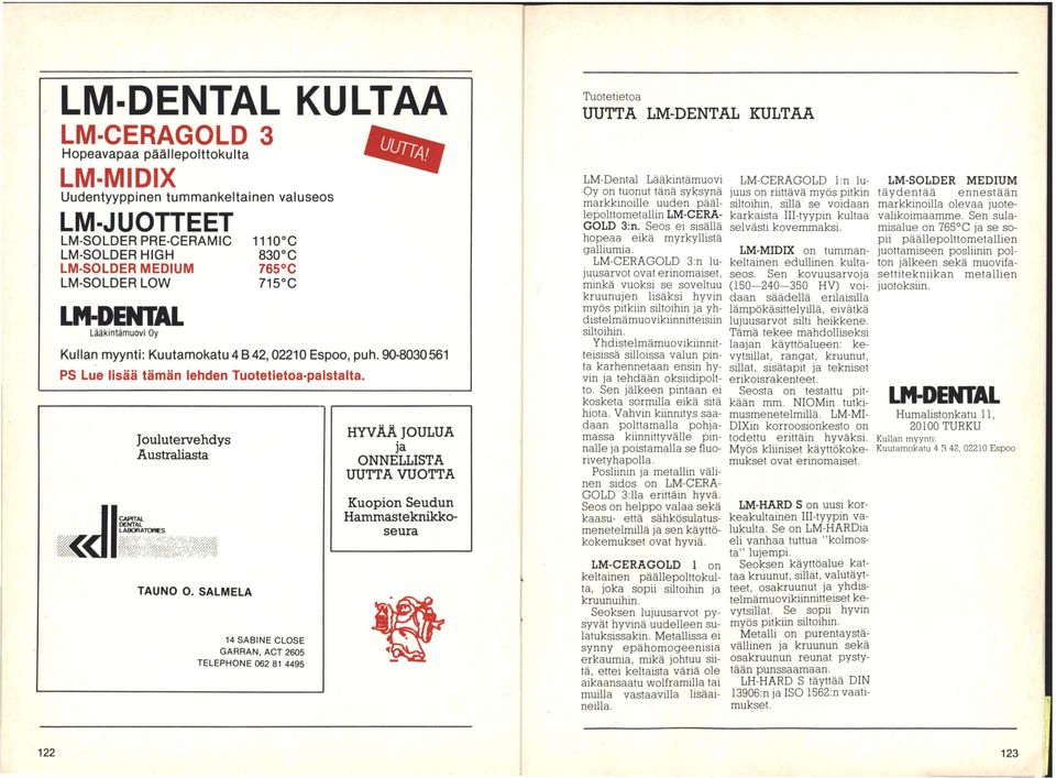 «II Joulutervehdys Australiasta CAPtTAL DENTAL LABORATORES ' did TAUNO O.