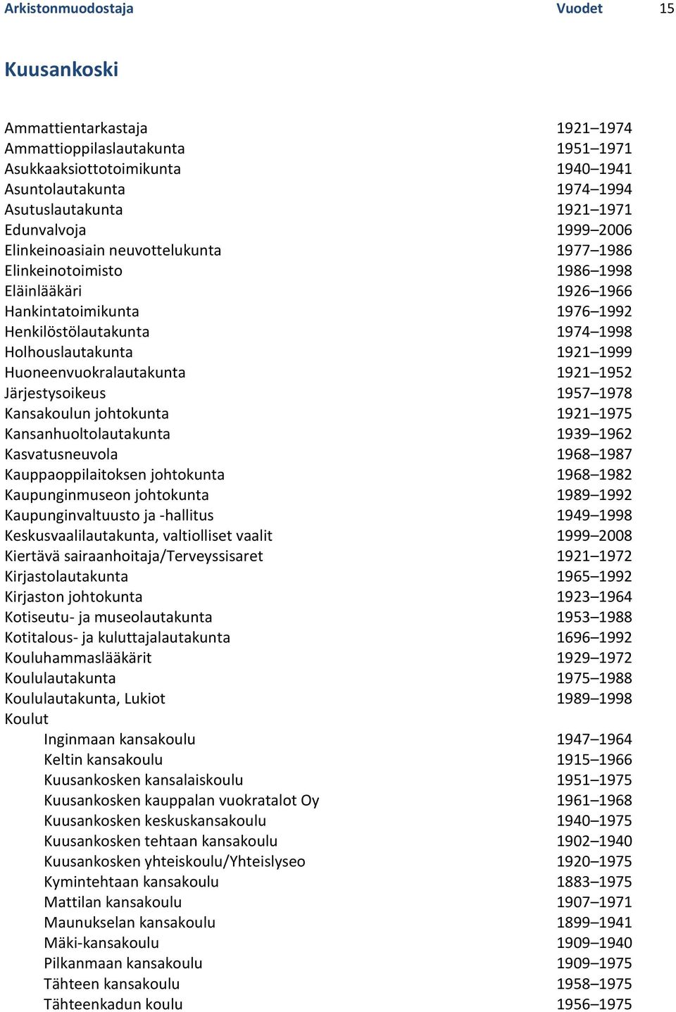 1999 Huoneenvuokralautakunta 1921 1952 Järjestysoikeus 1957 1978 Kansakoulun johtokunta 1921 1975 Kansanhuoltolautakunta 1939 1962 Kasvatusneuvola 1968 1987 Kauppaoppilaitoksen johtokunta 1968 1982