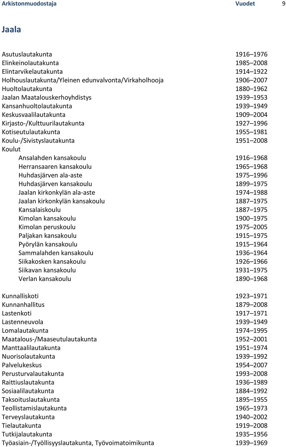 1981 Koulu-/Sivistyslautakunta 1951 2008 Koulut Ansalahden kansakoulu 1916 1968 Herransaaren kansakoulu 1965 1968 Huhdasjärven ala-aste 1975 1996 Huhdasjärven kansakoulu 1899 1975 Jaalan kirkonkylän