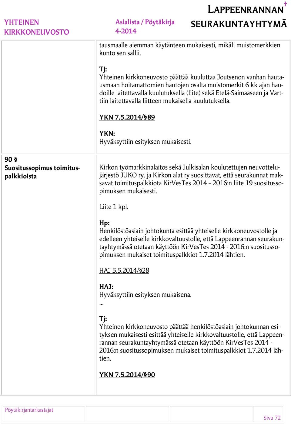 Varttiin laitettavalla liitteen mukaisella kuulutuksella. YKN 7.5.2014/ 89 90 Suositussopimus toimituspalkkioista Kirkon työmarkkinalaitos sekä Julkisalan koulutettujen neuvottelujärjestö JUKO ry.