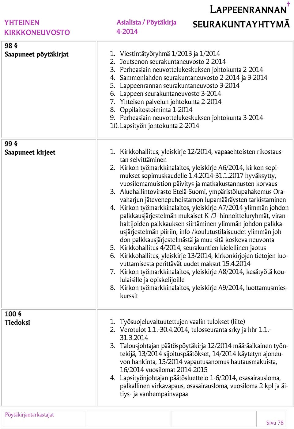 Perheasiain neuvottelukeskuksen johtokunta 3-2014 10. Lapsityön johtokunta 2-2014 99 Saapuneet kirjeet 100 Tiedoksi 1. Kirkkohallitus, yleiskirje 12/2014, vapaaehtoisten rikostaustan selvittäminen 2.