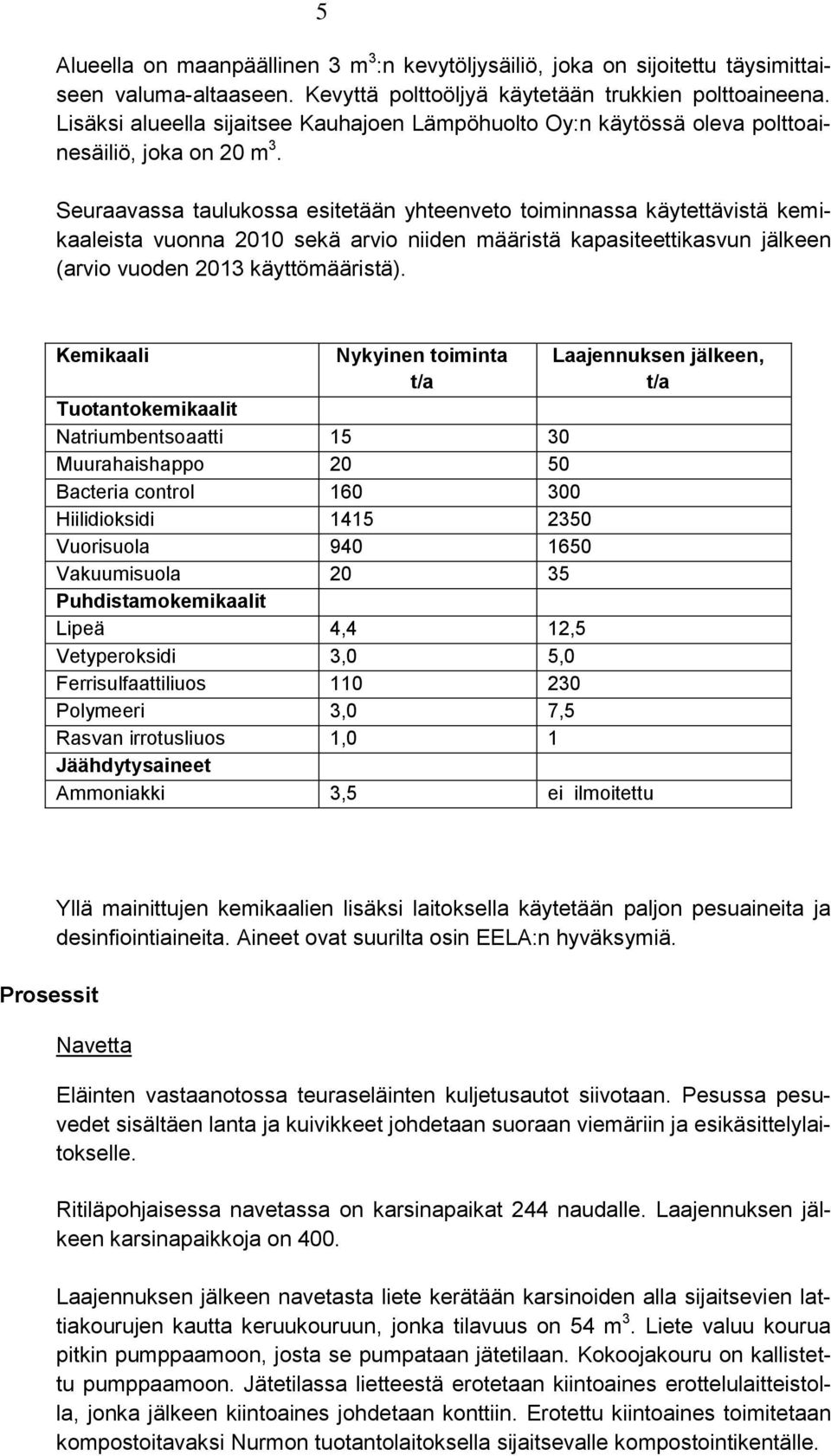 Seuraavassa taulukossa esitetään yhteenveto toiminnassa käytettävistä kemikaaleista vuonna 2010 sekä arvio niiden määristä kapasiteettikasvun jälkeen (arvio vuoden 2013 käyttömääristä).