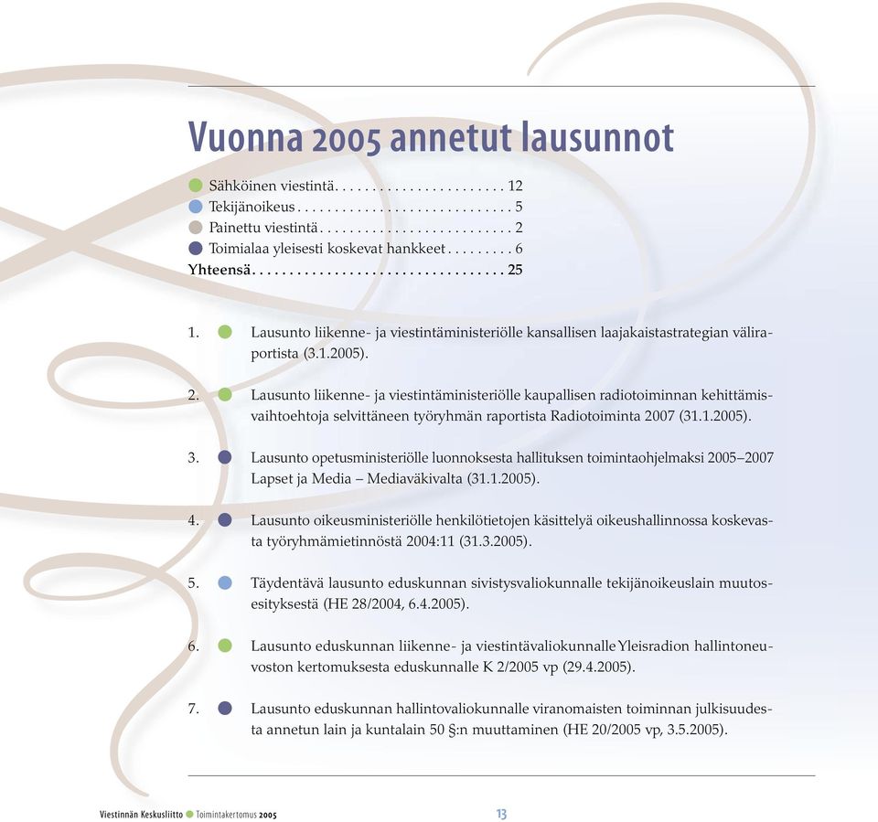 1. l Lausunto liikenne- ja viestintäministeriölle kansallisen laajakaistastrategian väliraportista (3.1.2005). 2.