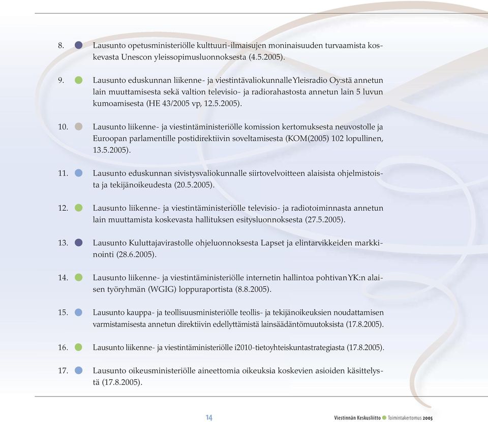 5.2005). 10. l Lausunto liikenne- ja viestintäministeriölle komission kertomuksesta neuvostolle ja Euroopan parlamentille postidirektiivin soveltamisesta (KOM(2005) 102 lopullinen, 13.5.2005). 11.