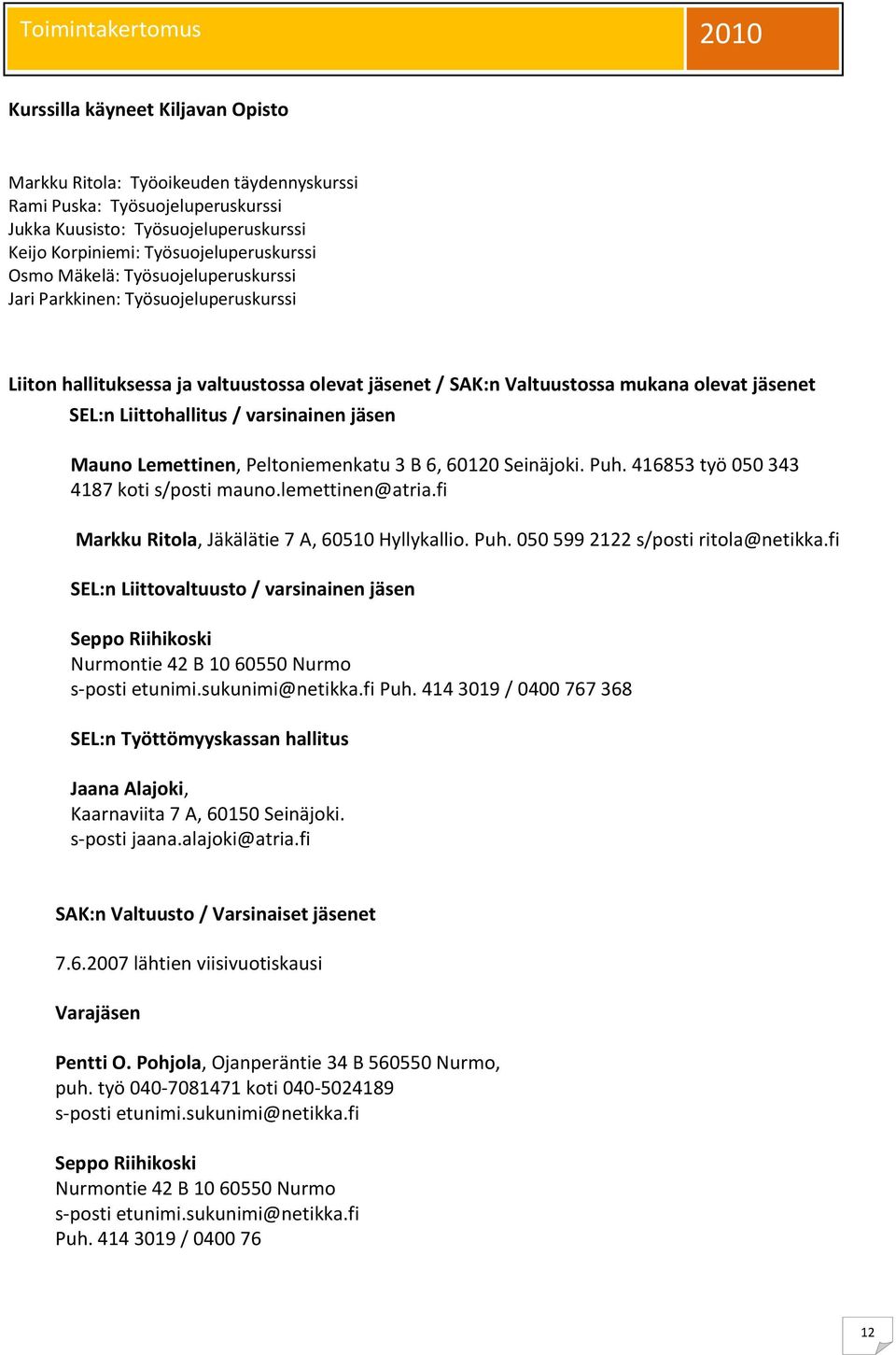 jäsen Mauno Lemettinen, Peltoniemenkatu 3 B 6, 60120 Seinäjoki. Puh. 416853 työ 050 343 4187 koti s/posti mauno.lemettinen@atria.fi Markku Ritola, Jäkälätie 7 A, 60510 Hyllykallio. Puh. 050 599 2122 s/posti ritola@netikka.