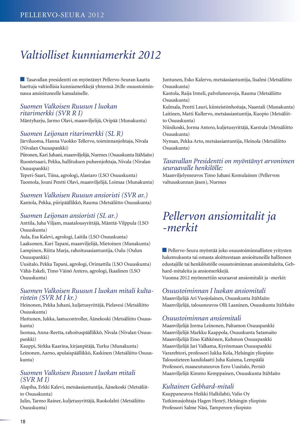 Suomen Valkoisen Ruusun I luokan ritarimerkki (SVR R I) Mäntyharju, Jarmo Olavi, maanviljelijä, Oripää (Munakunta) Suomen Leijonan ritarimerkki (SL R) Järviluoma, Hanna Vuokko Tellervo,