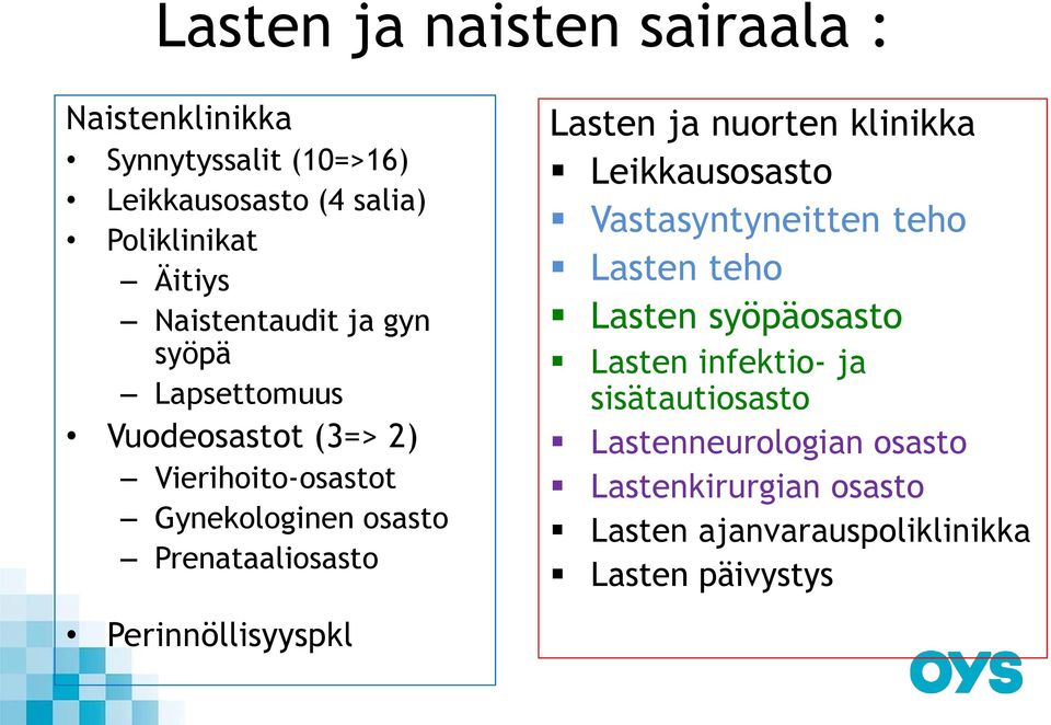 Perinnöllisyyspkl Lasten ja nuorten klinikka Leikkausosasto Vastasyntyneitten teho Lasten teho Lasten syöpäosasto