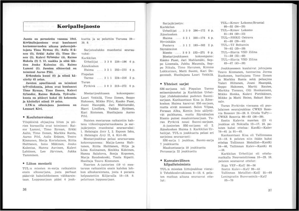 saakka ja siitä lähtien Jouko Kalenius (1), Raimo Lammi (1). Jaoston sihteerinä on toiminut Aarno PihI. KOkouksia kuusi (6) ja niissä käsitelty 65 asiaa.