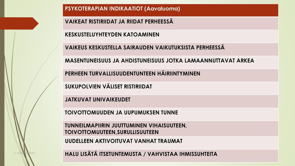 HÄIRIINTYMINEN SUKUPOLVIEN VÄLISET RISTIRIIDAT JATKUVAT UNIVAIKEUDET TOIVOTTOMUUDEN JA UUPUMUKSEN TUNNE TUNNEILMAPIIRIN