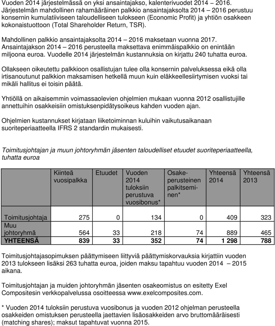 ansaintajaksolta 2016 maksetaan 2017. Ansaintajakson 2016 perusteella maksettava enimmäispalkkio on enintään miljoona euroa. Vuodelle järjestelmän kustannuksia on kirjattu 240 tuhatta euroa.