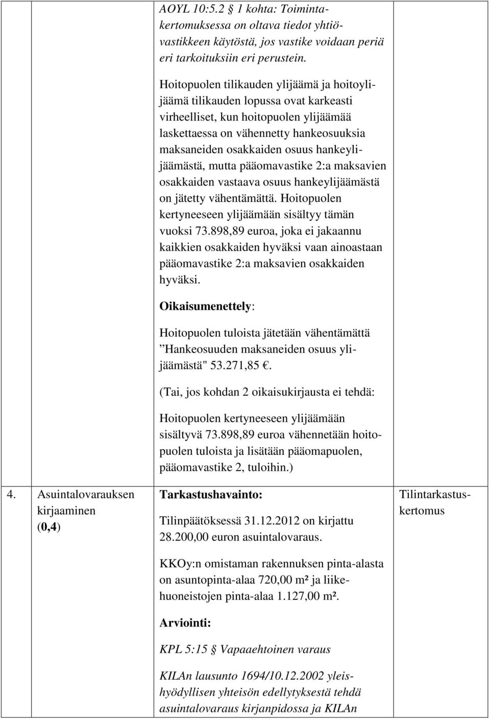 hankeylijäämästä, mutta pääomavastike 2:a maksavien osakkaiden vastaava osuus hankeylijäämästä on jätetty vähentämättä. Hoitopuolen kertyneeseen ylijäämään sisältyy tämän vuoksi 73.