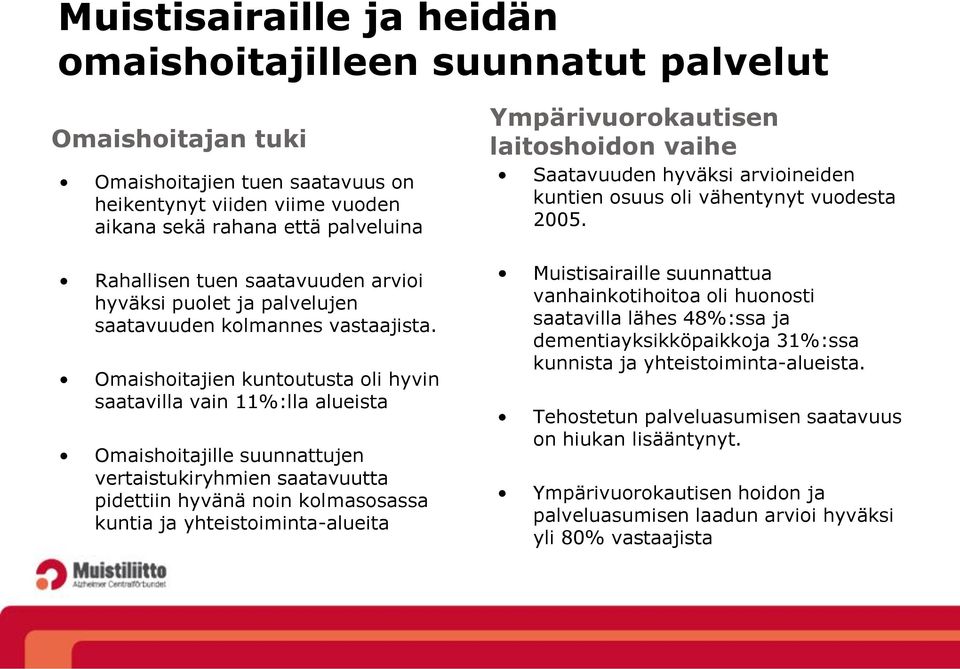 Omaishoitajien kuntoutusta oli hyvin saatavilla vain 11%:lla alueista Omaishoitajille suunnattujen vertaistukiryhmien saatavuutta pidettiin hyvänä noin kolmasosassa kuntia ja yhteistoiminta-alueita