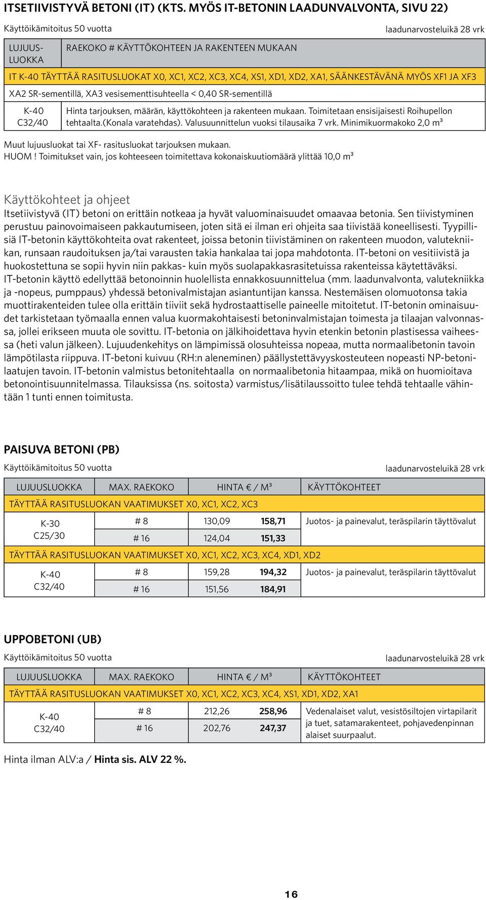 säänkestävänä myös XF1 ja XF3 XA2 SR-sementillä, XA3 vesisementtisuhteella < 0,40 SR-sementillä K-40 C32/40 Hinta tarjouksen, määrän, käyttökohteen ja rakenteen mukaan.