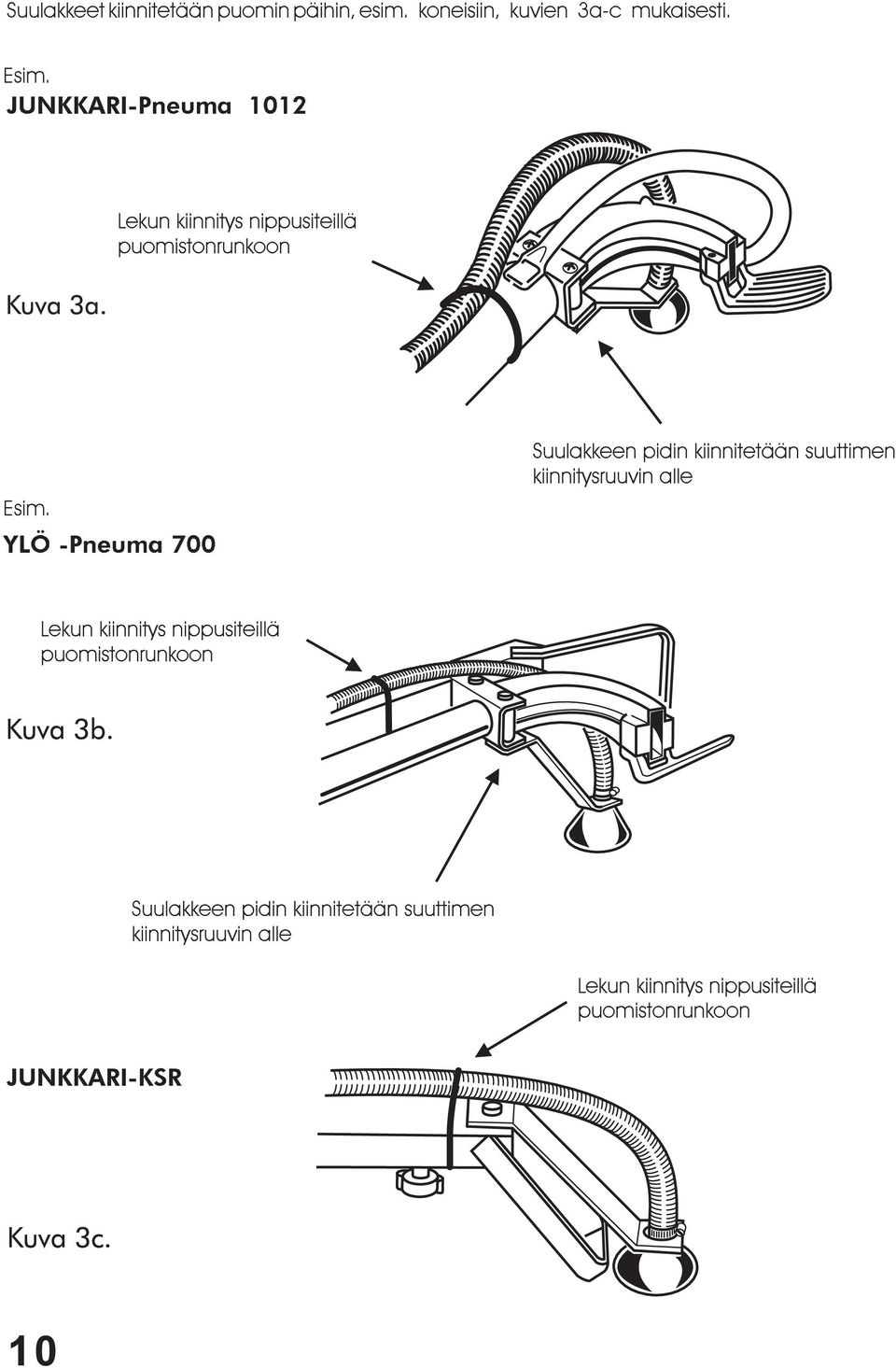 YLÖ -Pneuma 700 Suulakkeen pidin kiinnitetään suuttimen kiinnitysruuvin alle Lekun kiinnitys nippusiteillä