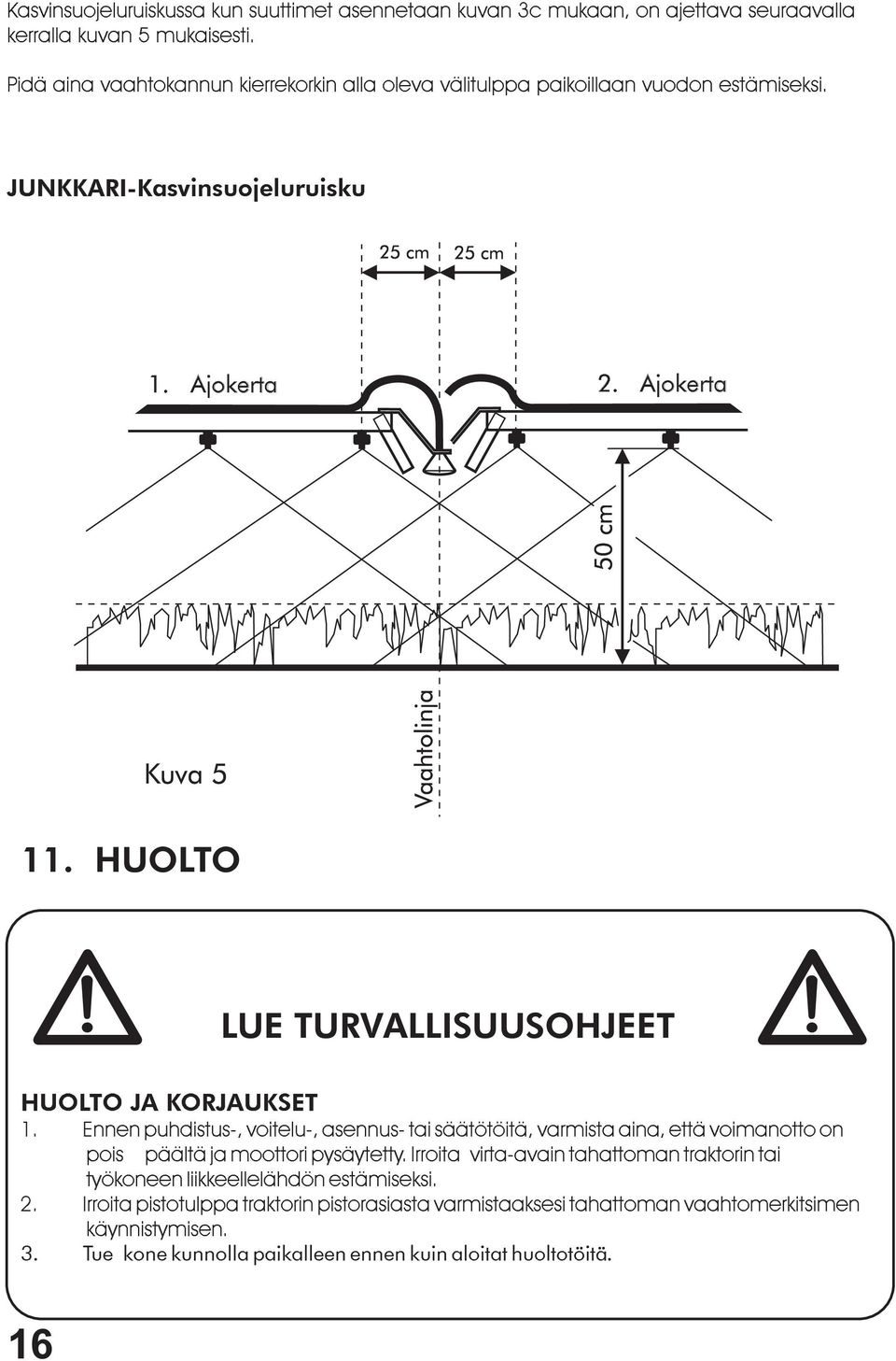 HUOLTO LUE TURVALLISUUSOHJEET HUOLTO JA KORJAUKSET 1. Ennen puhdistus-, voitelu-, asennus- tai säätötöitä, varmista aina, että voimanotto on pois päältä ja moottori pysäytetty.