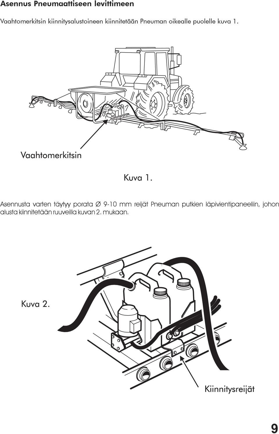 Asennusta varten täytyy porata Ø 9-10 mm reijät Pneuman putkien