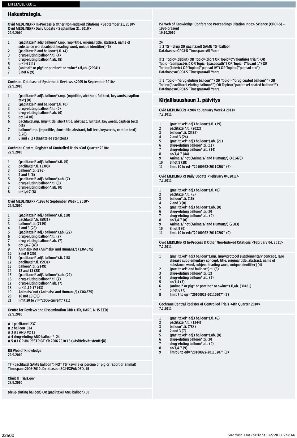 ti. (4) 4 drug-eluting balloon*.ab. (8) 5 or/1-4 (11) 6 (animal* or pig* or porcine* or swine*).ti,ab. (29941) 7 5 not 6 (9) Cochrane Database of Systematic Reviews <2005 to September 2010> 22.9.2010 1 (paclitaxel* adj3 balloon*).