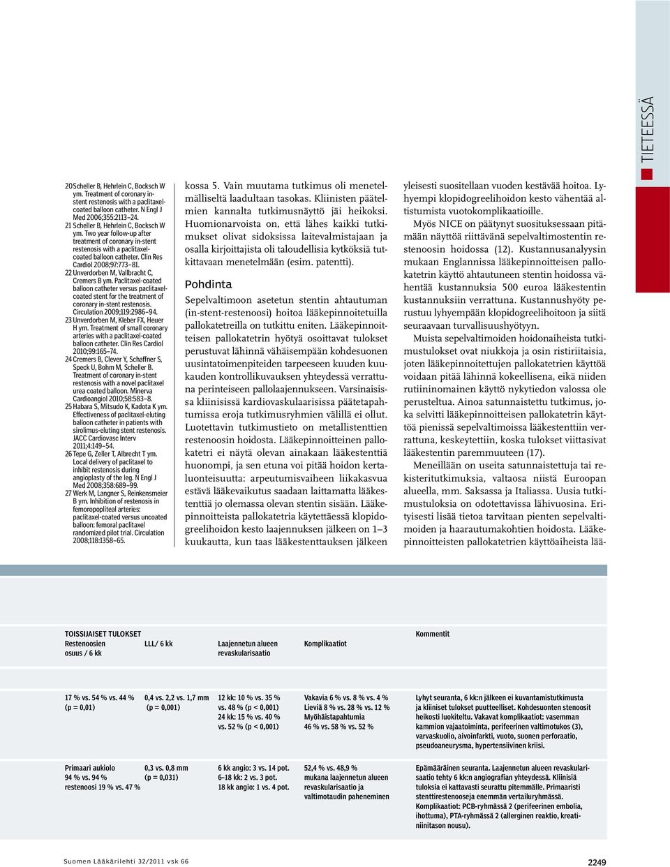 22 Unverdorben M, Vallbracht C, Cremers B ym. Paclitaxel-coated balloon catheter versus paclitaxelcoated stent for the treatment of coronary in-stent restenosis. Circulation 2009;119:2986 94.