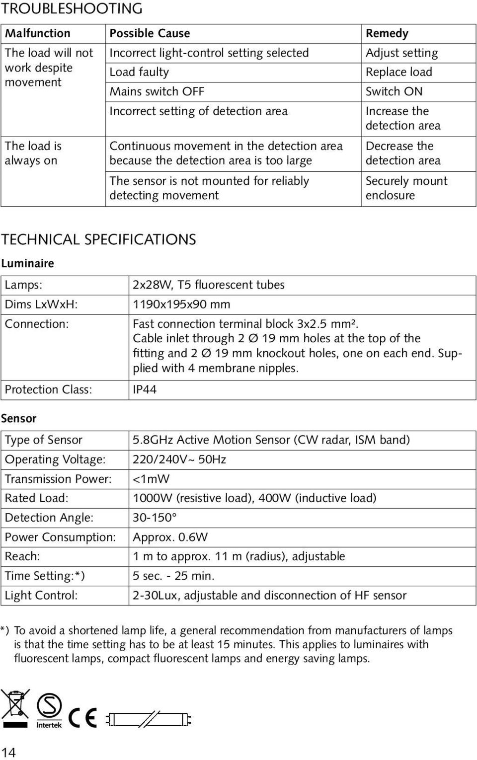 reliably detecting movement Decrease the detection area Securely mount enclosure Technical Specifications Luminaire Lamps: Dims LxWxH: Connection: Protection Class: 2x28W, T5 fluorescent tubes