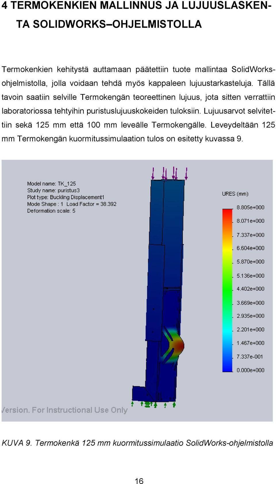 Tällä tavoin saatiin selville Termokengän teoreettinen lujuus, jota sitten verrattiin laboratoriossa tehtyihin puristuslujuuskokeiden tuloksiin.