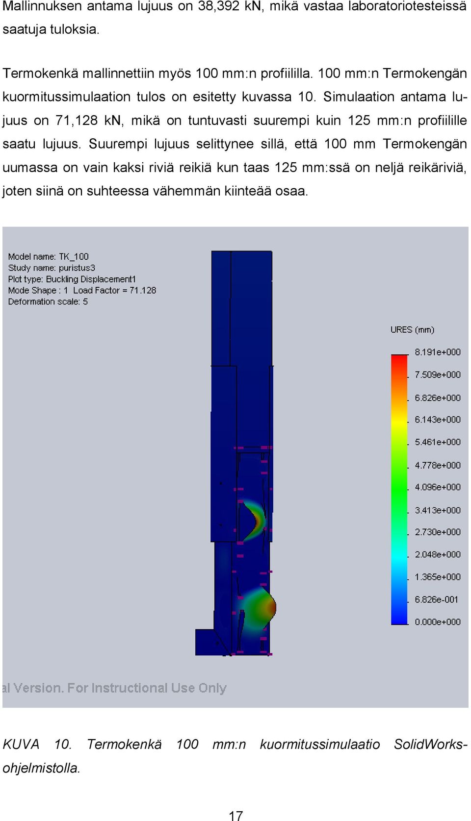 Simulaation antama lujuus on 71,128 kn, mikä on tuntuvasti suurempi kuin 125 mm:n profiilille saatu lujuus.