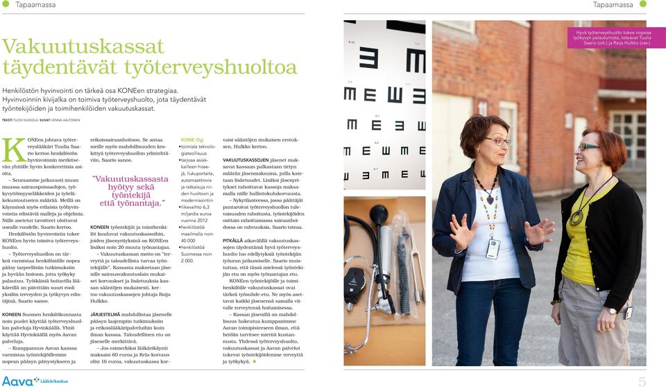 TEKSTI TUOVI KUKKOLA KUVAT HENNA AALTONEN KONEen johtava työterveyslääkäri Tuulia Saario kertoo henkilöstön hyvinvoinnin merkitsevän yhtiölle hyvin konkreettisia asioita.