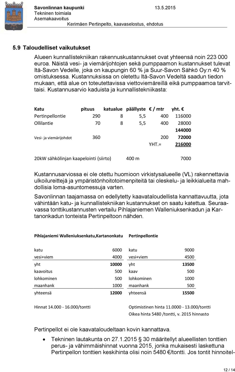 Kustannuksissa on oletettu Itä-Savon Vedeltä saadun tiedon mukaan, että alue on toteutettavissa viettoviemäreillä eikä pumppaamoa tarvittaisi.