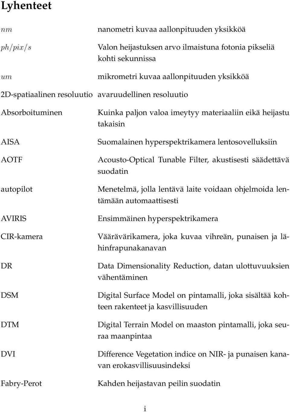 hyperspektrikamera lentosovelluksiin Acousto-Optical Tunable Filter, akustisesti säädettävä suodatin Menetelmä, jolla lentävä laite voidaan ohjelmoida lentämään automaattisesti Ensimmäinen