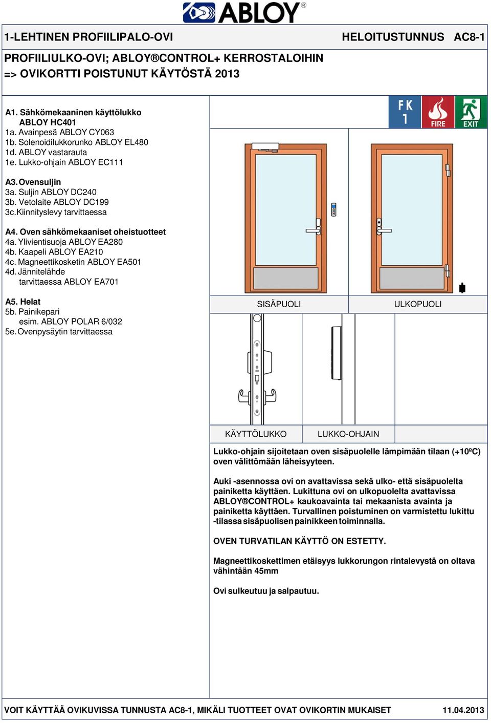 Ylivientisuoja ABLOY EA280 4b. Kaapeli ABLOY EA210 4c. Magneettikosketin ABLOY EA501 4d. Jännitelähde tarvittaessa ABLOY EA701 5b. Painikepari esim.