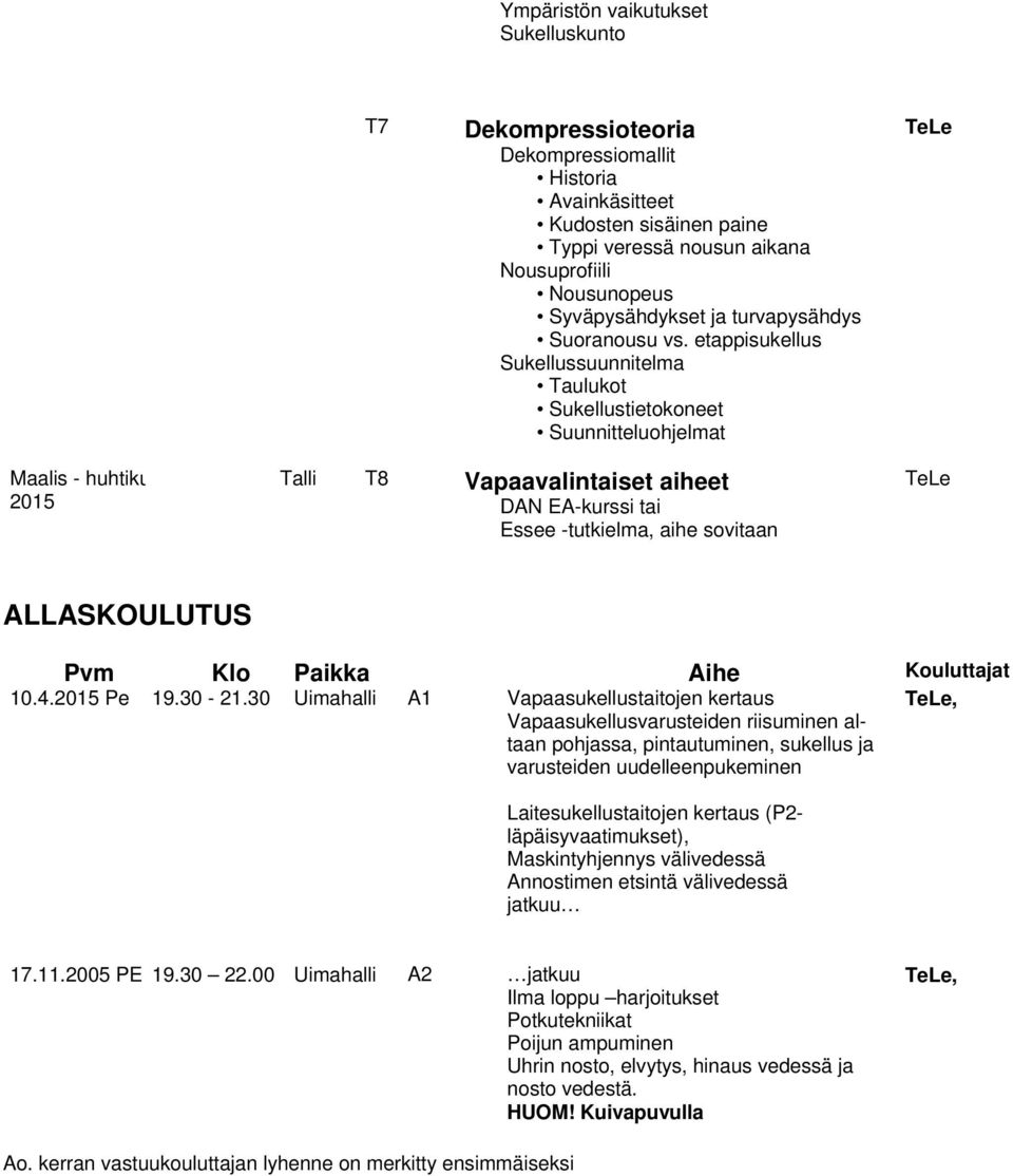 etappisukellus Sukellussuunnitelma Taulukot Sukellustietokoneet Suunnitteluohjelmat Maalis - huhtiku 2015 Talli T8 Vapaavalintaiset aiheet DAN EA-kurssi tai Essee -tutkielma, aihe sovitaan