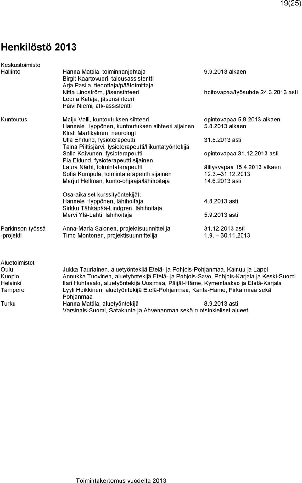 2013 alkaen Hannele Hyppönen, kuntoutuksen sihteeri sijainen 5.8.2013 alkaen Kirsti Martikainen, neurologi Ulla Ehrlund, fysioterapeutti 31.8.2013 asti Taina Piittisjärvi, fysioterapeutti/liikuntatyöntekijä Salla Koivunen, fysioterapeutti opintovapaa 31.