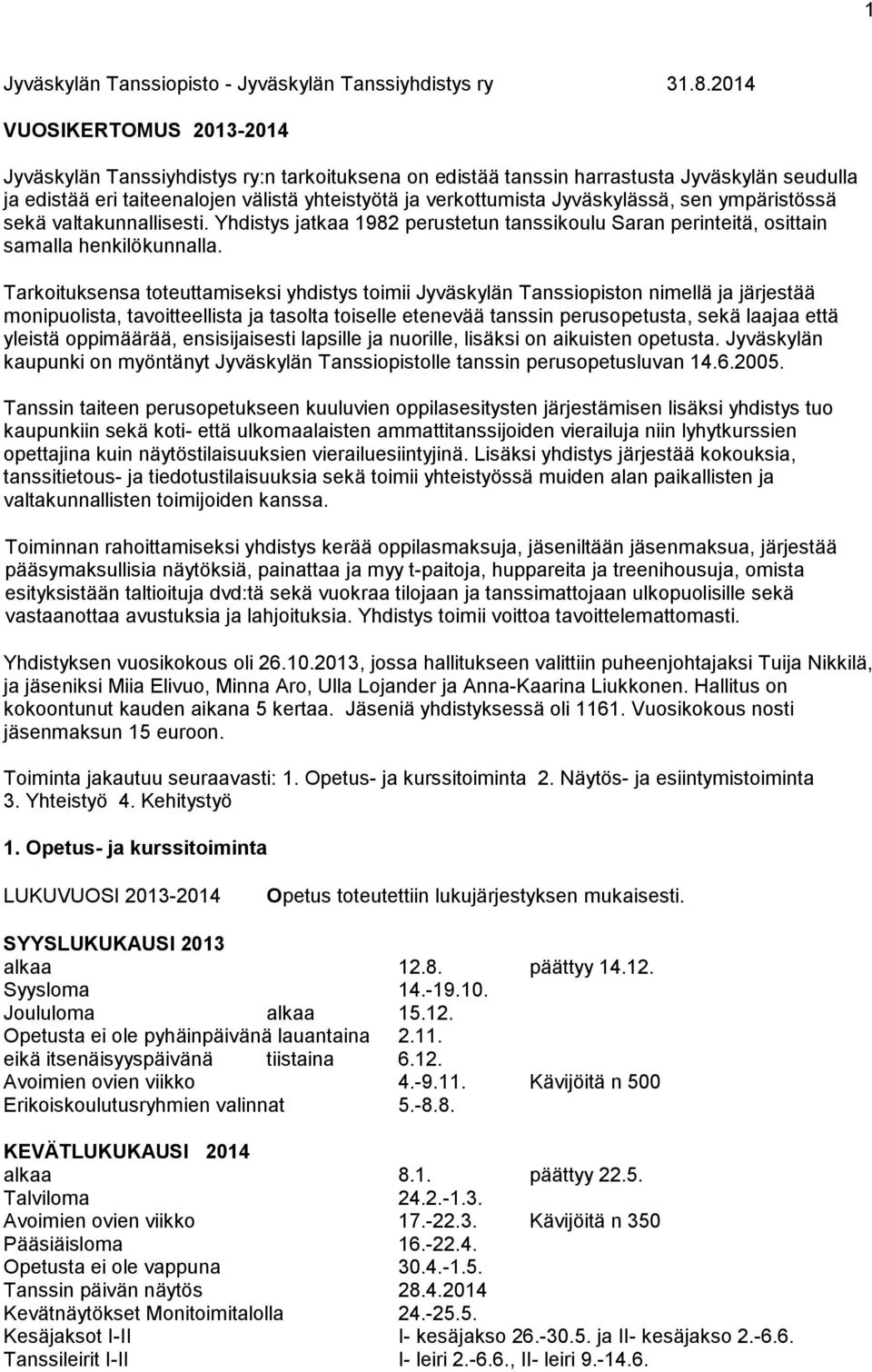 Jyväskylässä, sen ympäristössä sekä valtakunnallisesti. Yhdistys jatkaa 1982 perustetun tanssikoulu Saran perinteitä, osittain samalla henkilökunnalla.