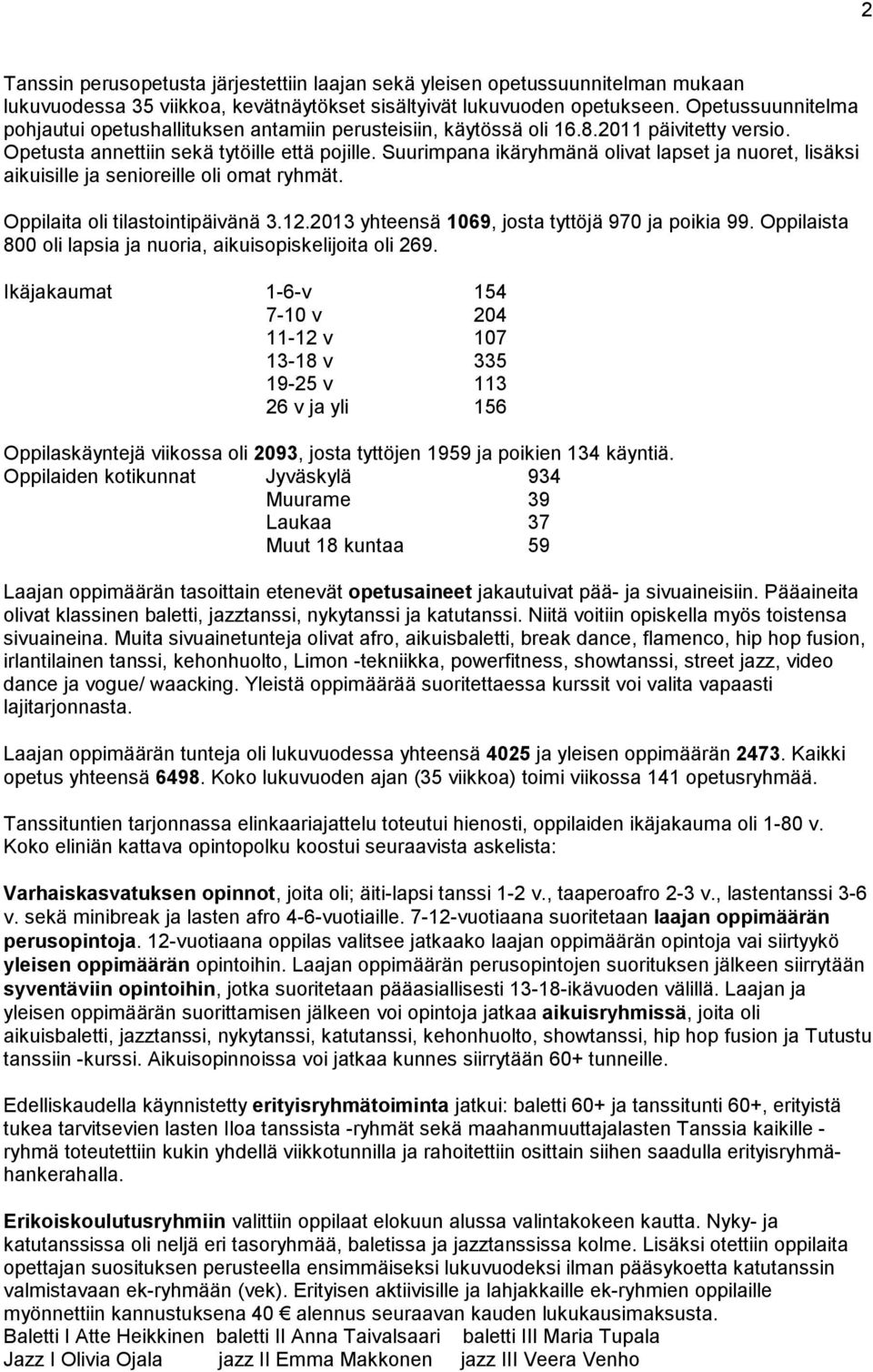 Suurimpana ikäryhmänä olivat lapset ja nuoret, lisäksi aikuisille ja senioreille oli omat ryhmät. Oppilaita oli tilastointipäivänä 3.12.2013 yhteensä 1069, josta tyttöjä 970 ja poikia 99.
