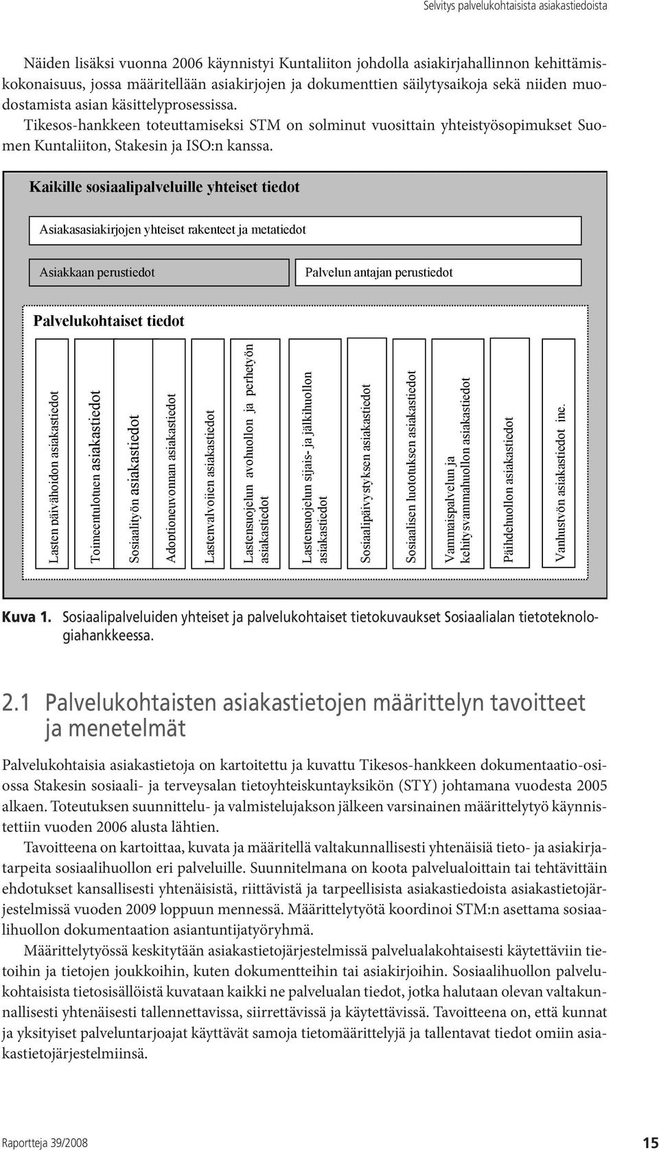 Kaikille sosiaalipalveluille yhteiset tiedot Asiakasasiakirjojen yhteiset rakenteet ja metatiedot Asiakkaan perustiedot Palvelun antajan perustiedot Palvelukohtaiset tiedot Lasten päivähoidon