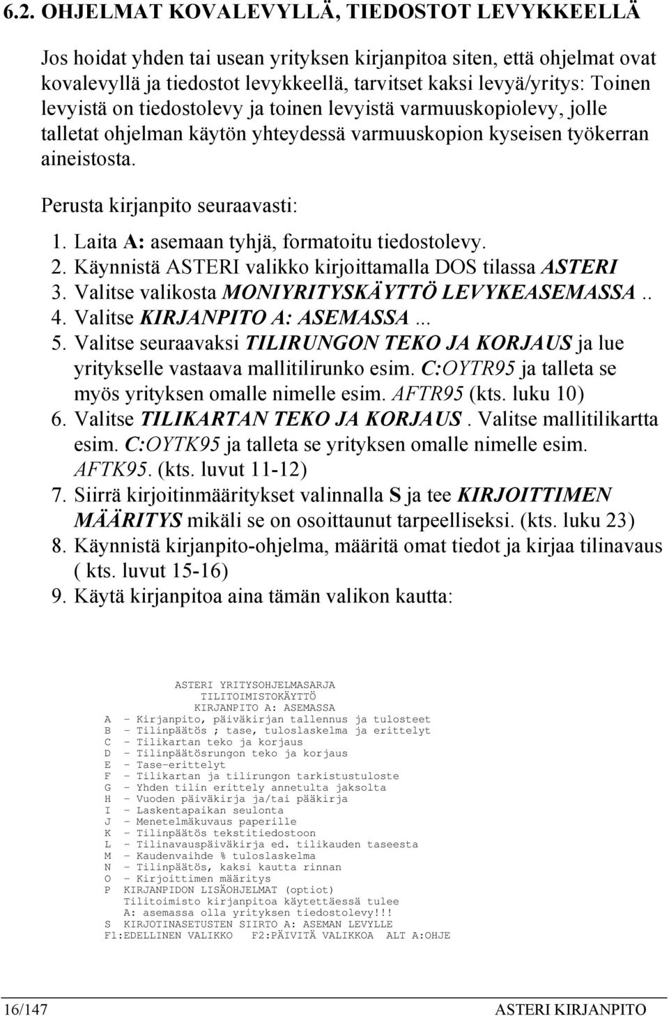 Laita A: asemaan tyhjä, formatoitu tiedostolevy. 2. Käynnistä ASTERI valikko kirjoittamalla DOS tilassa ASTERI 3. Valitse valikosta MONIYRITYSKÄYTTÖ LEVYKEASEMASSA.. 4. Valitse KIRJANPITO A: ASEMASSA.