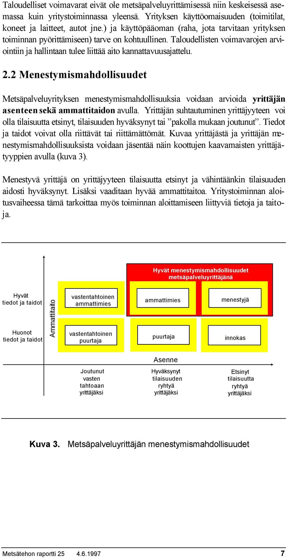 2 Menestymismahdollisuudet Metsäpalveluyrityksen menestymismahdollisuuksia voidaan arvioida yrittäjän asenteen sekä ammattitaidon avulla.