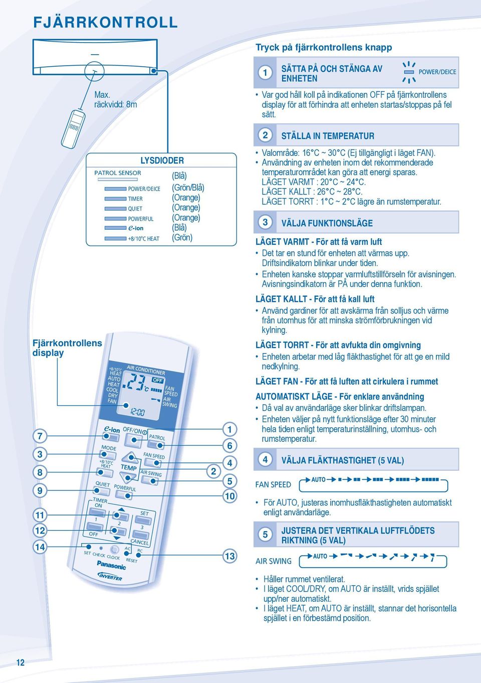 STÄLLA IN TEMPERATUR Fjärrkontrollens display 7 8 9 11 PATROL SENSOR MODE +8/10 C HEAT OFF/ TEMP QUIET POWERFUL TIMER +8/10 C HEAT AUTO HEAT COOL DRY FAN LYSDIODER POWER/DEICE TIMER QUIET POWERFUL
