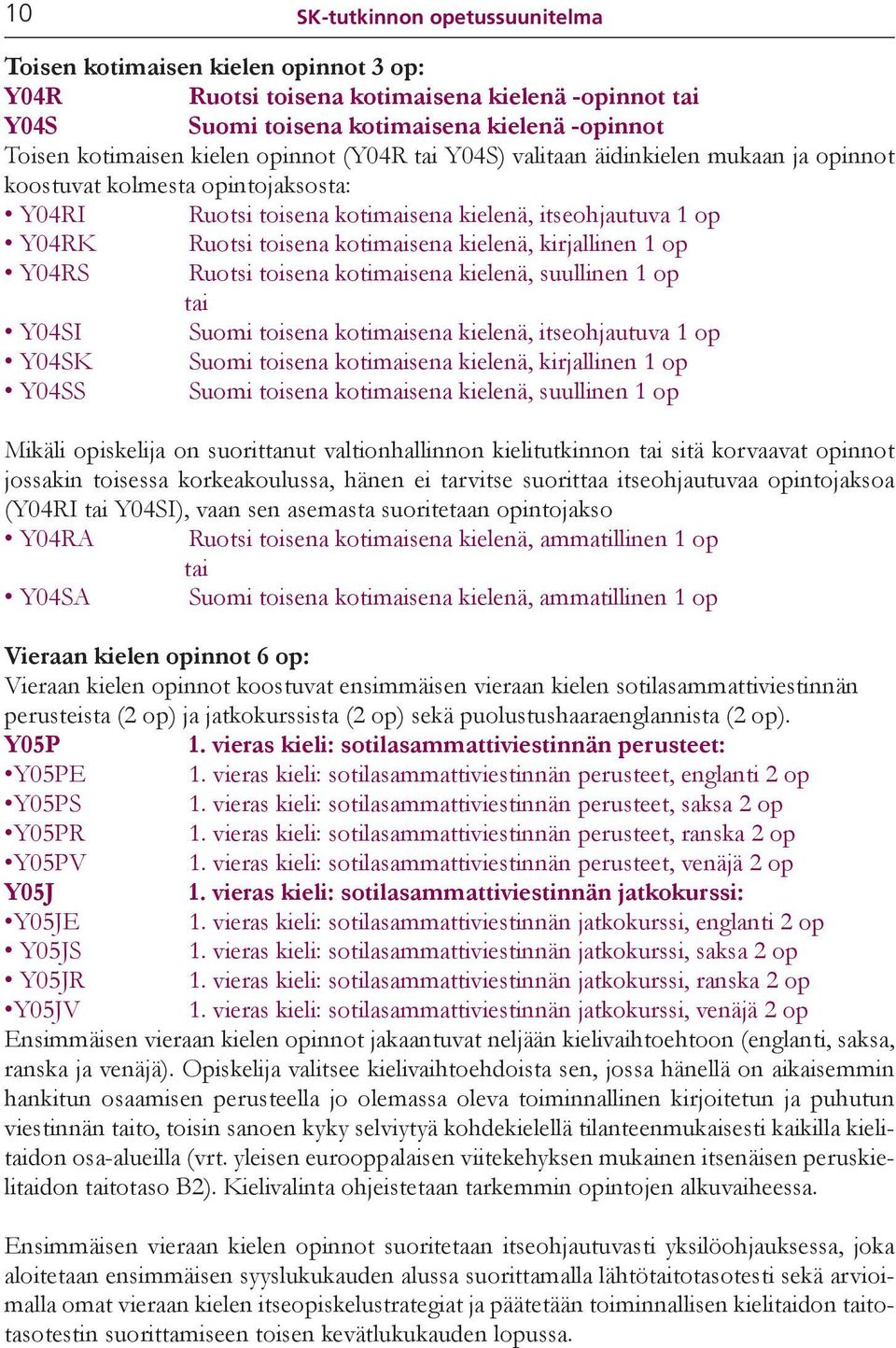 kielenä, kirjallinen 1 op Y04RS Ruotsi toisena kotimaisena kielenä, suullinen 1 op tai Y04SI Suomi toisena kotimaisena kielenä, itseohjautuva 1 op Y04SK Suomi toisena kotimaisena kielenä, kirjallinen