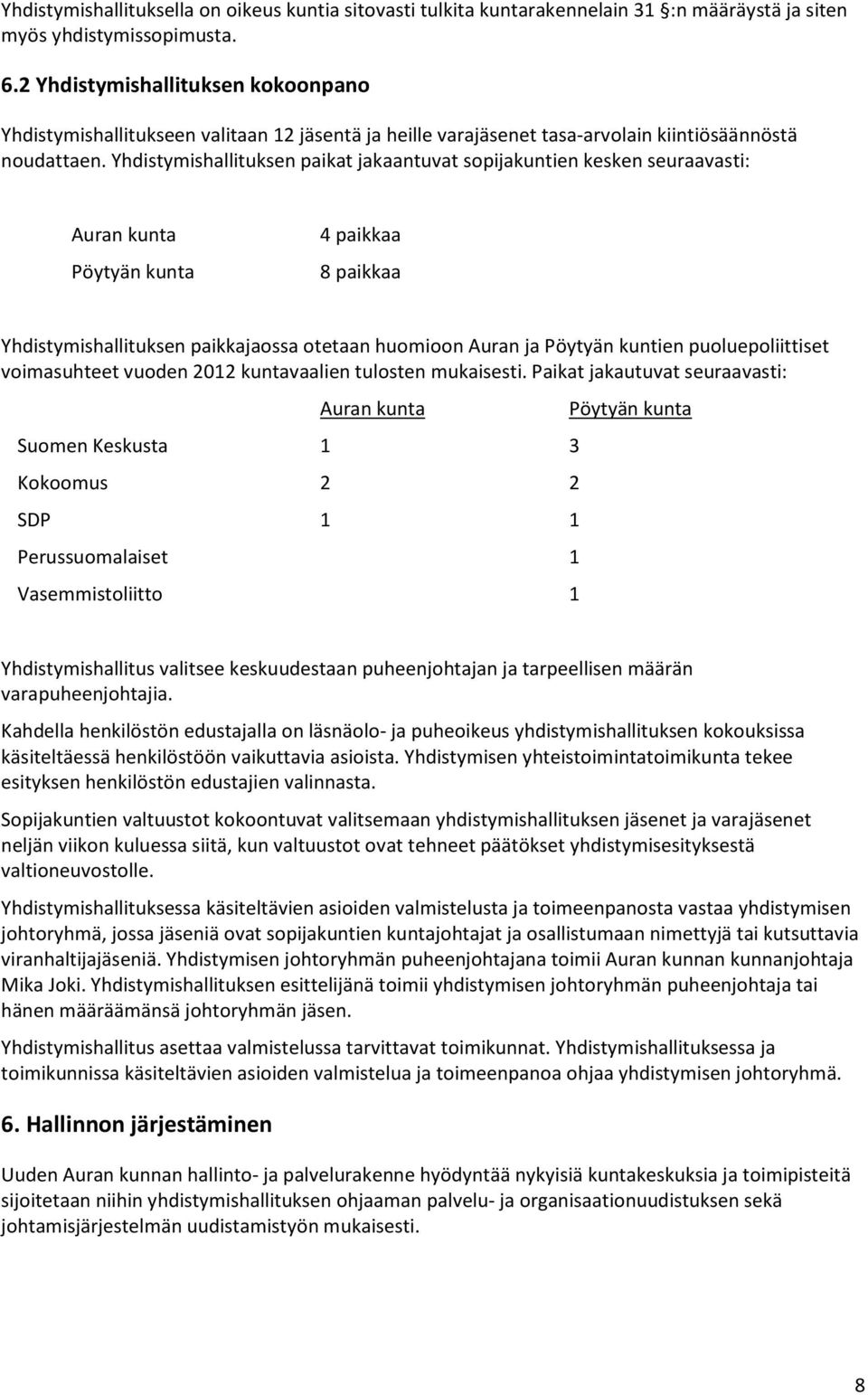 Yhdistymishallituksen paikat jakaantuvat sopijakuntien kesken seuraavasti: Auran kunta Pöytyän kunta 4 paikkaa 8 paikkaa Yhdistymishallituksen paikkajaossa otetaan huomioon Auran ja Pöytyän kuntien