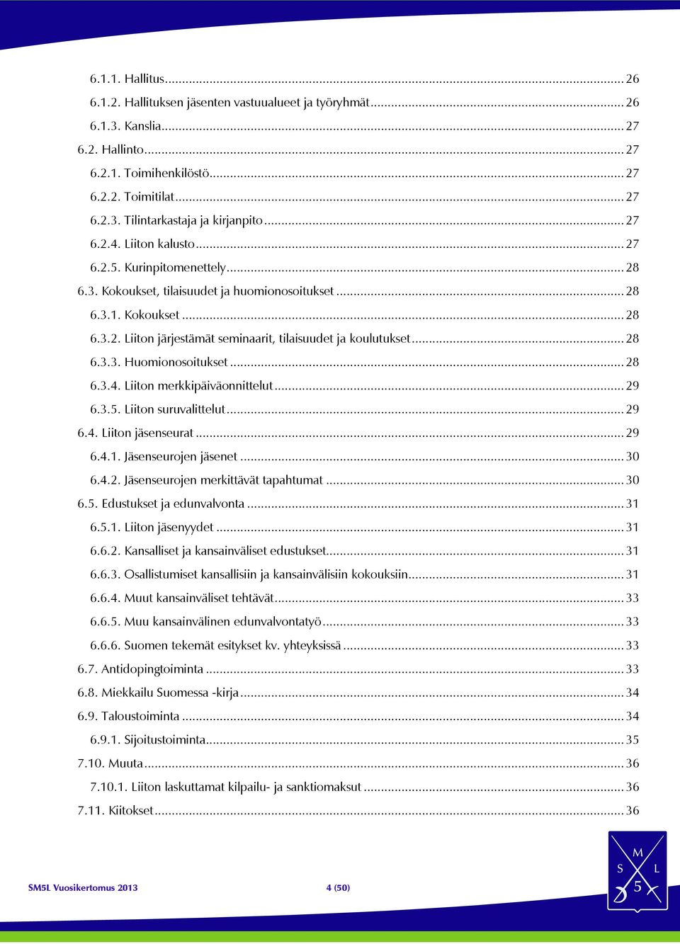 .. 28 6.3.3. Huomionosoitukset... 28 6.3.4. Liiton merkkipäiväonnittelut... 29 6.3.5. Liiton suruvalittelut... 29 6.4. Liiton jäsenseurat... 29 6.4.1. Jäsenseurojen jäsenet... 30 6.4.2. Jäsenseurojen merkittävät tapahtumat.