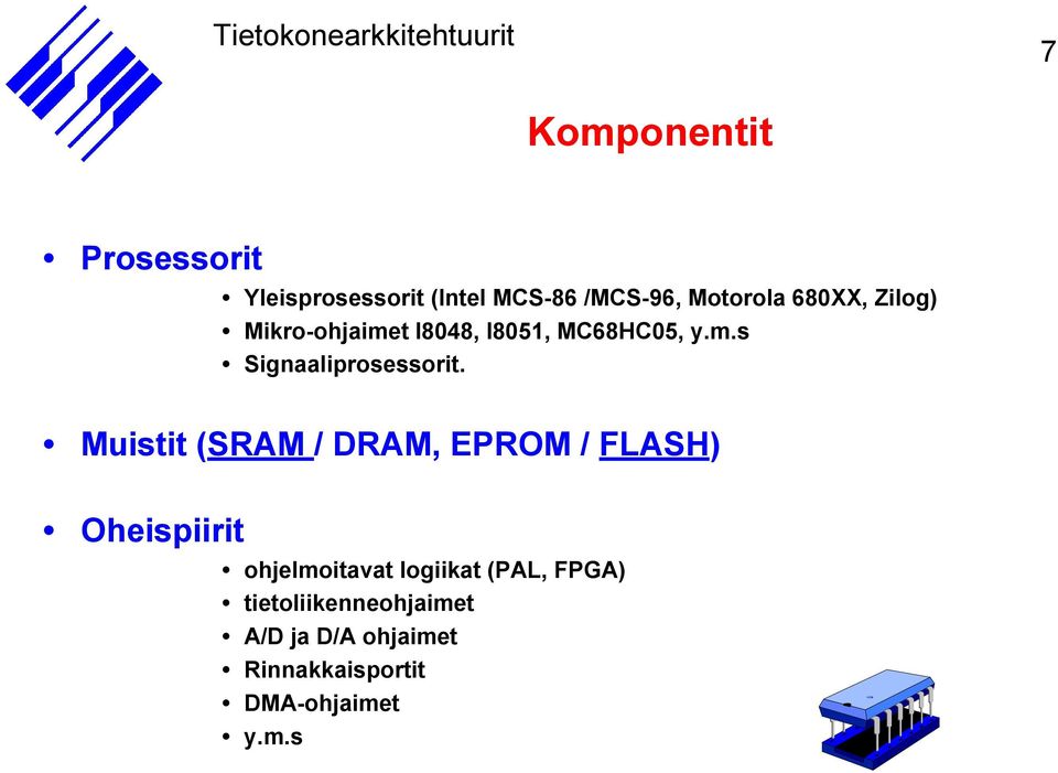 Muistit (SRAM / DRAM, EPROM / FLASH) Oheispiirit ohjelmoitavat logiikat (PAL,