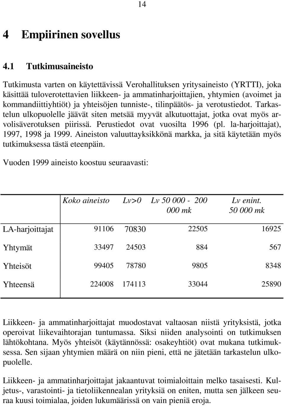 kommandiittiyhtiöt) ja yhteisöjen tunniste-, tilinpäätös- ja verotustiedot. Tarkastelun ulkopuolelle jäävät siten metsää myyvät alkutuottajat, jotka ovat myös arvolisäverotuksen piirissä.