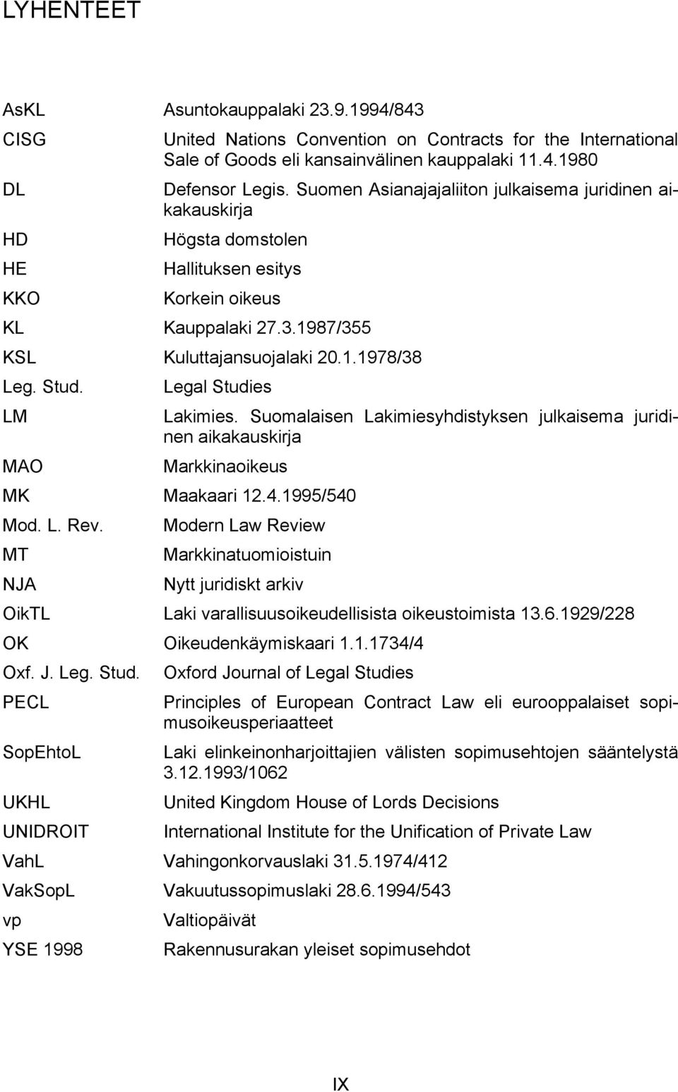 LM MAO Legal Studies Lakimies. Suomalaisen Lakimiesyhdistyksen julkaisema juridinen aikakauskirja Markkinaoikeus MK Maakaari 12.4.1995/540 Mod. L. Rev.